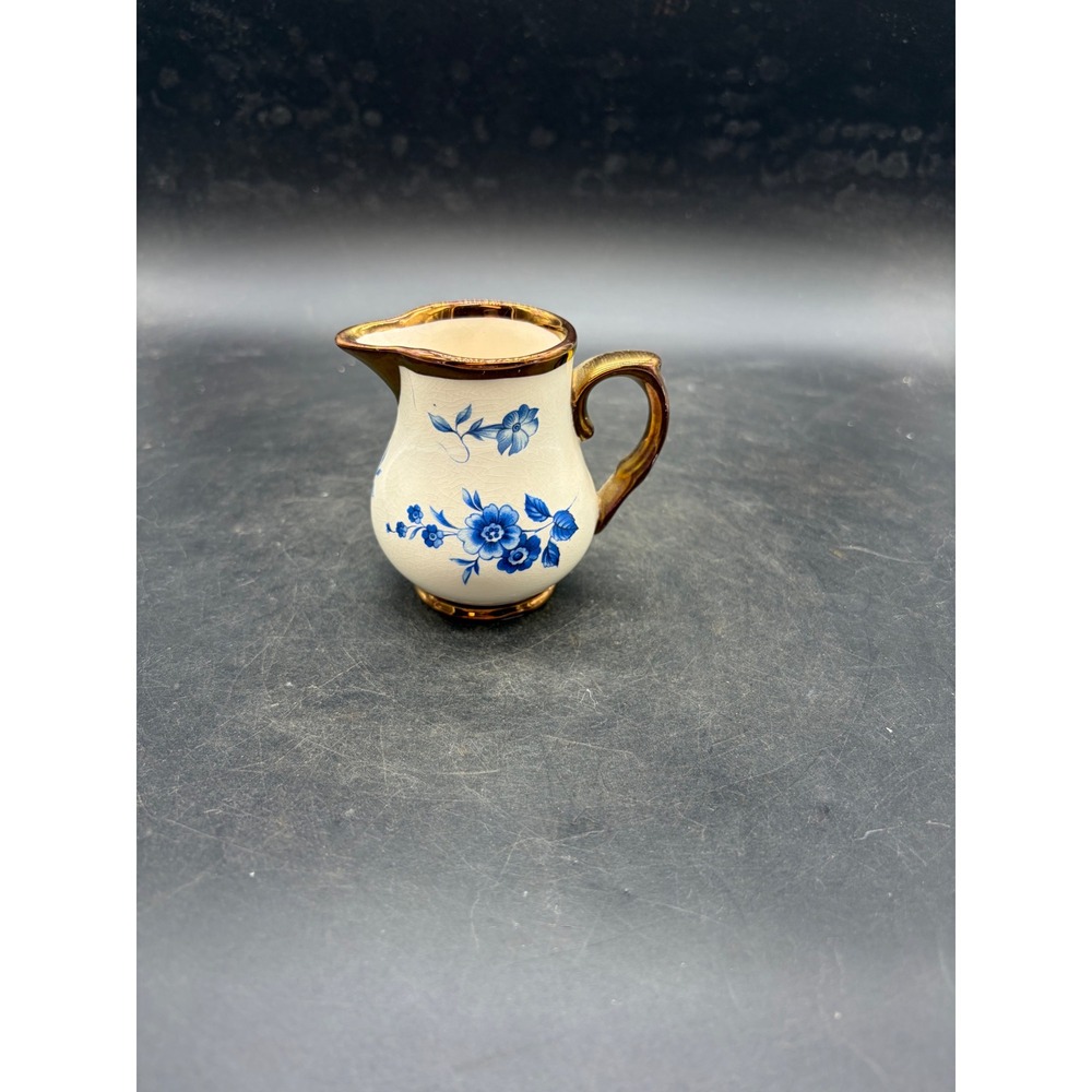 Vintage Wade England Miniature Creamer Pitcher Blue Floral Gold Luster 3 Inch